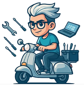 Le réparateur SMIP arrive en scooter avec sa boîte à outils